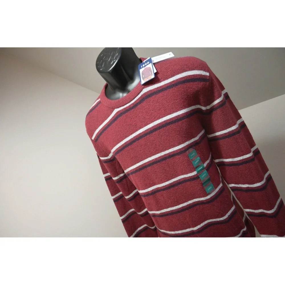Izod Sweater Mens Large‎ Burgundy Striped Crewneck Cotton Blend Casual NWT
